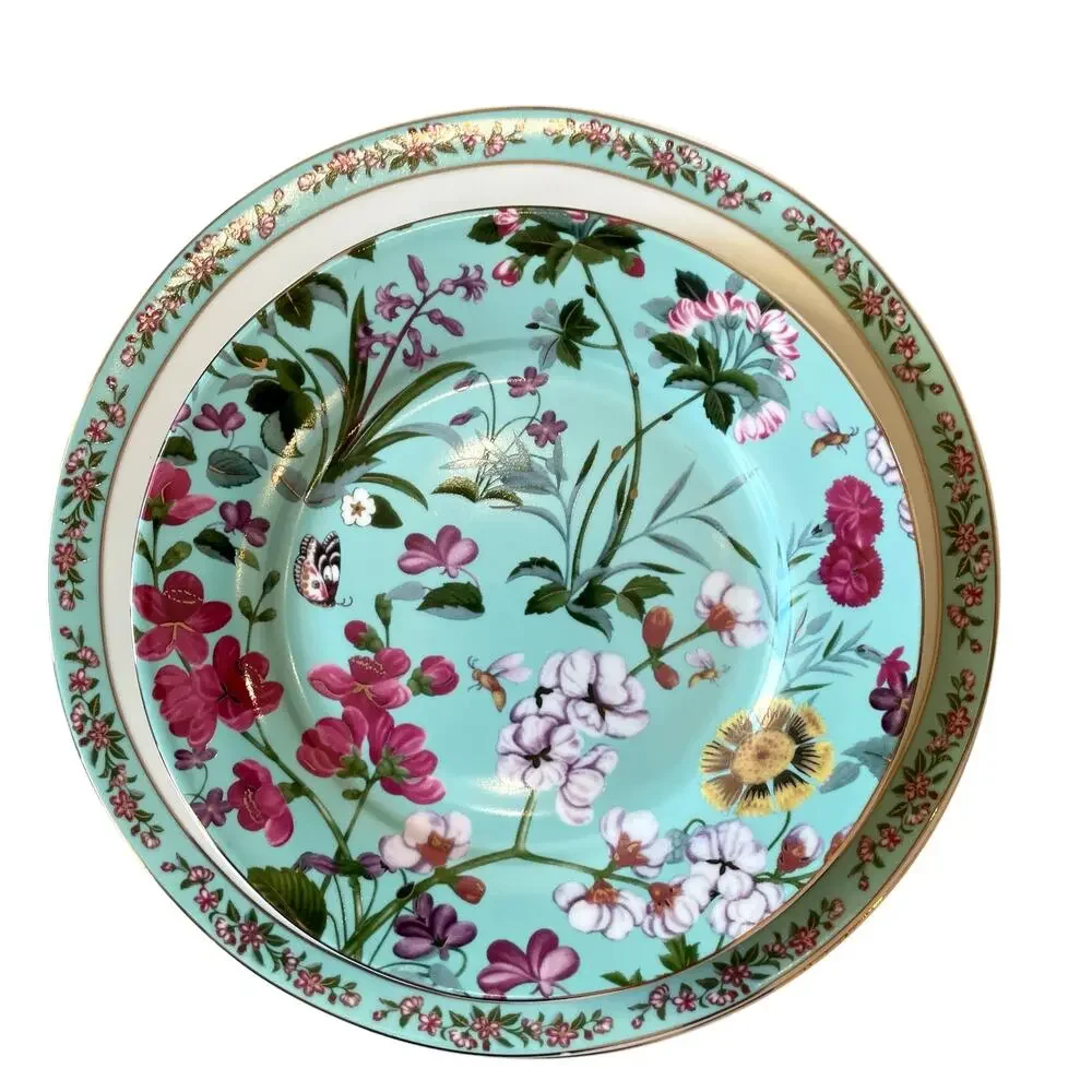 NEW Grace Teaware Fine Porcelain 11in Dinner Plates Aqua Blue Floral Set of 4